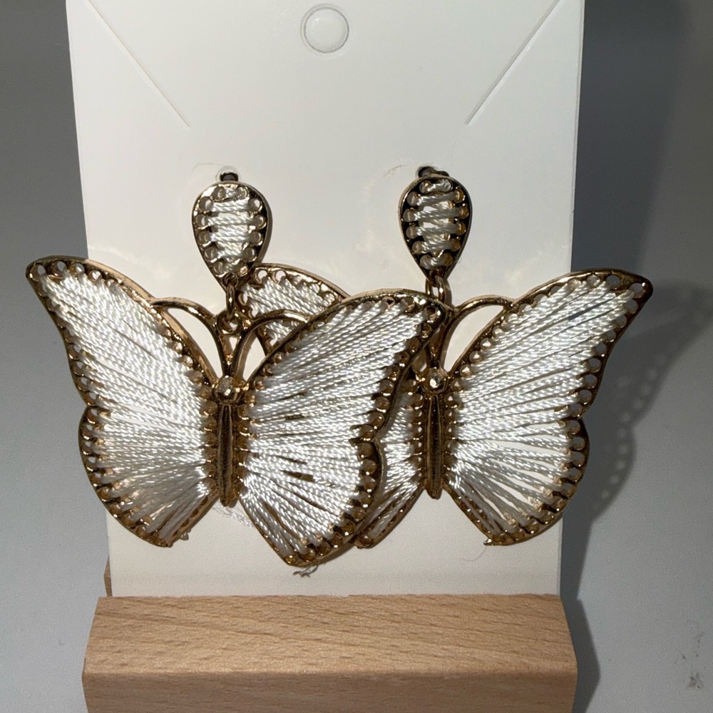 White Butterfly Statement Earrings Embroidered Thread Wing Dangle Boho Jewelry